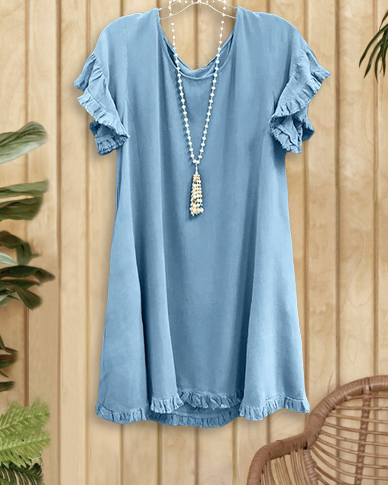 Linen Blend Crew Neck Pocket Dress