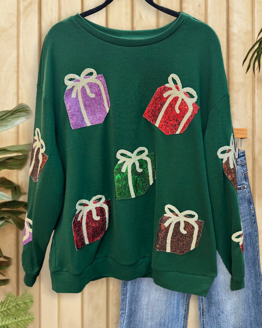 Sequined Christmas Gift Box Stylish Round Neck Sweatshirt