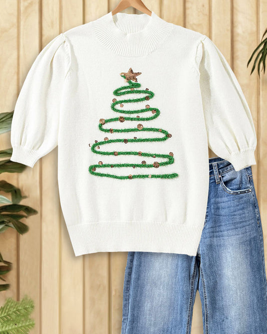 Sequined Decor Christmas Tree Cute Puff Sleeve Sweater