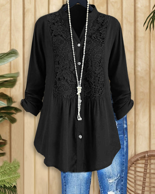 Lace Panel V-neck Long Sleeve Shirt