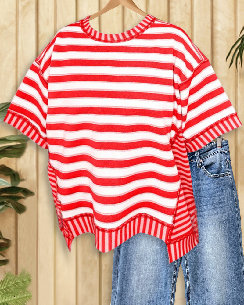 Striped Patchwork Cozy Round Neck Blouse