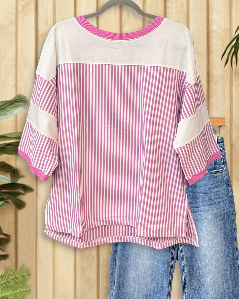 Striped Patchwork Sporty Round Neck Blouse