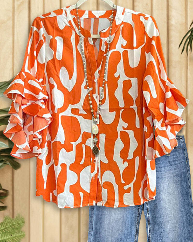 Graphic Print Ruffle Sleeve Urban Button Blouse