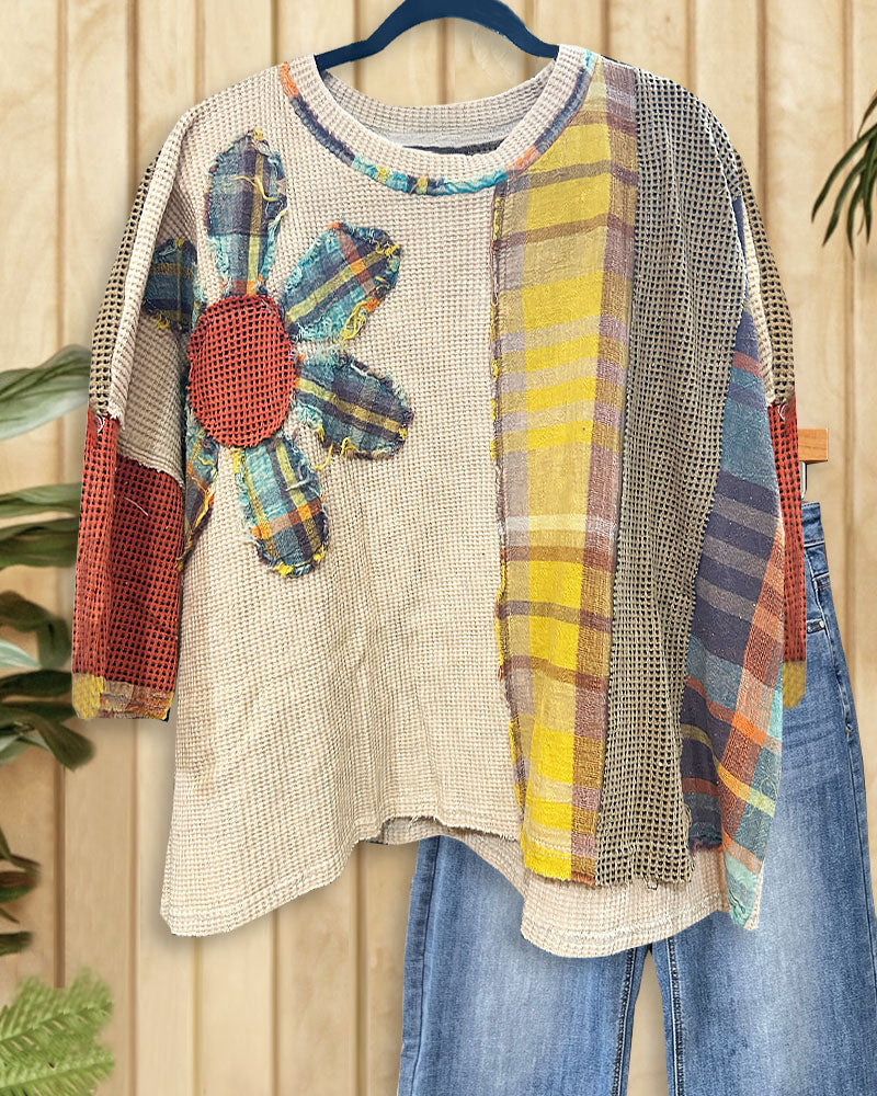 Plaid Patchwork Casual Flower Applique Waffle Blouse