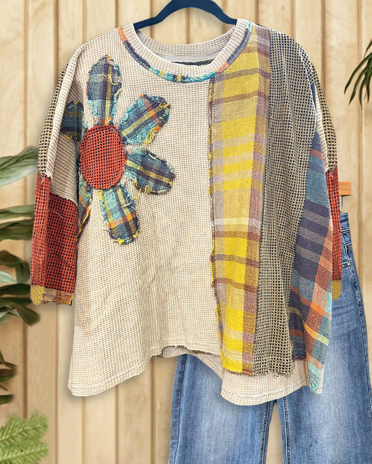 Plaid Patchwork Casual Flower Applique Waffle Blouse