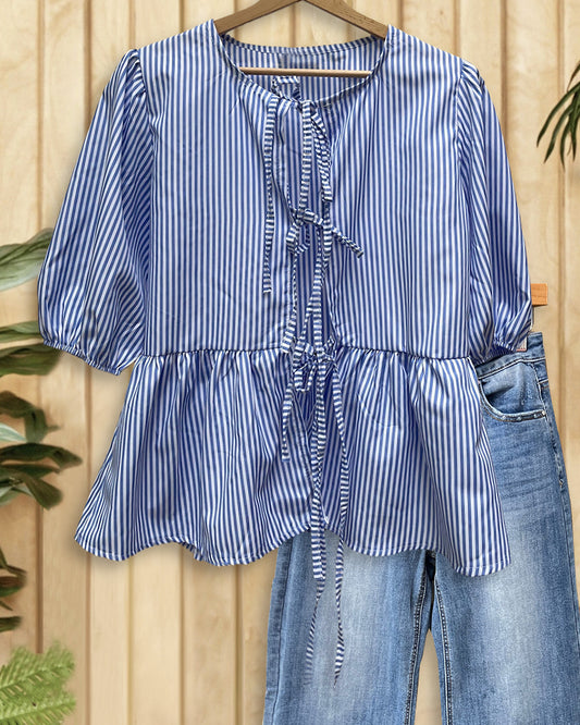 Vertical Striped Lace-Up Smart Peplum Babydoll Blouse