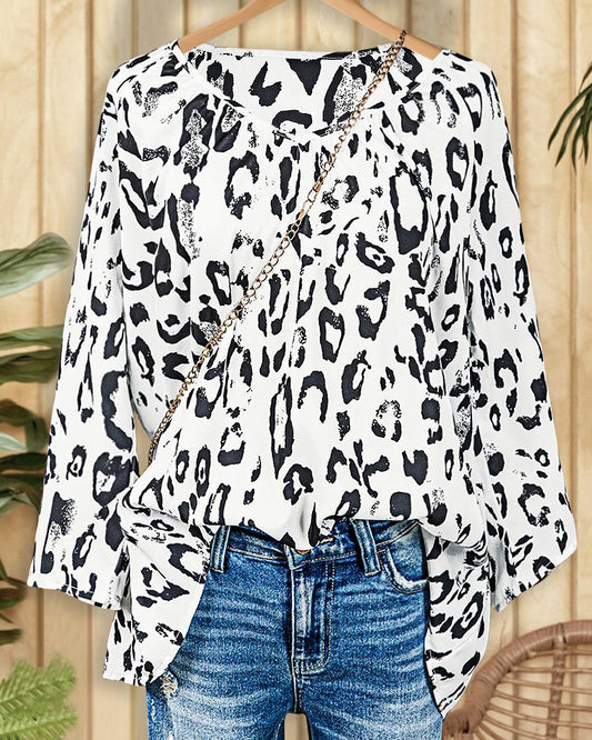 Leopard Print V Neck Relaxed Blouse
