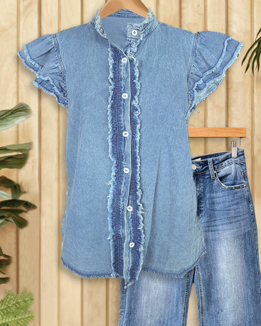 Solid Color Denim Frayed Commuting Ruffle Sleeve Blouse