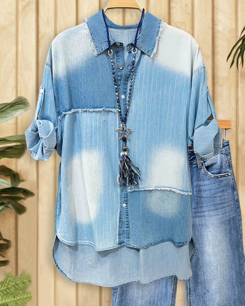 Denim Print Patchwork Gradient Chic Button Down Blouse