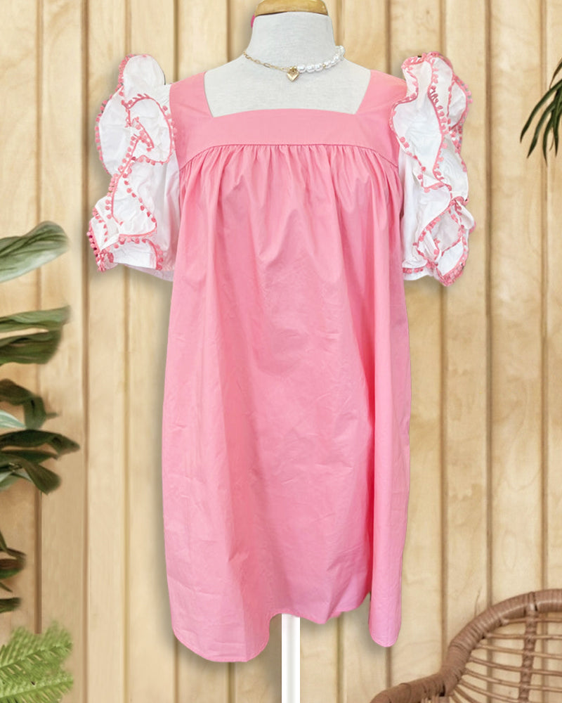 Hit Color Ruffle Sleeve Square Collar Romantic Mini Dress