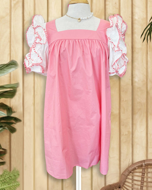 Hit Color Ruffle Sleeve Square Collar Romantic Mini Dress