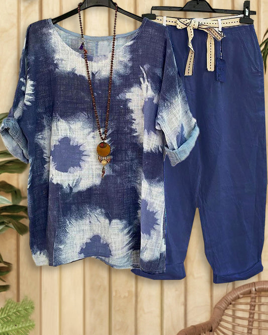 Tie Dye Round Neck Casual Pant Suit