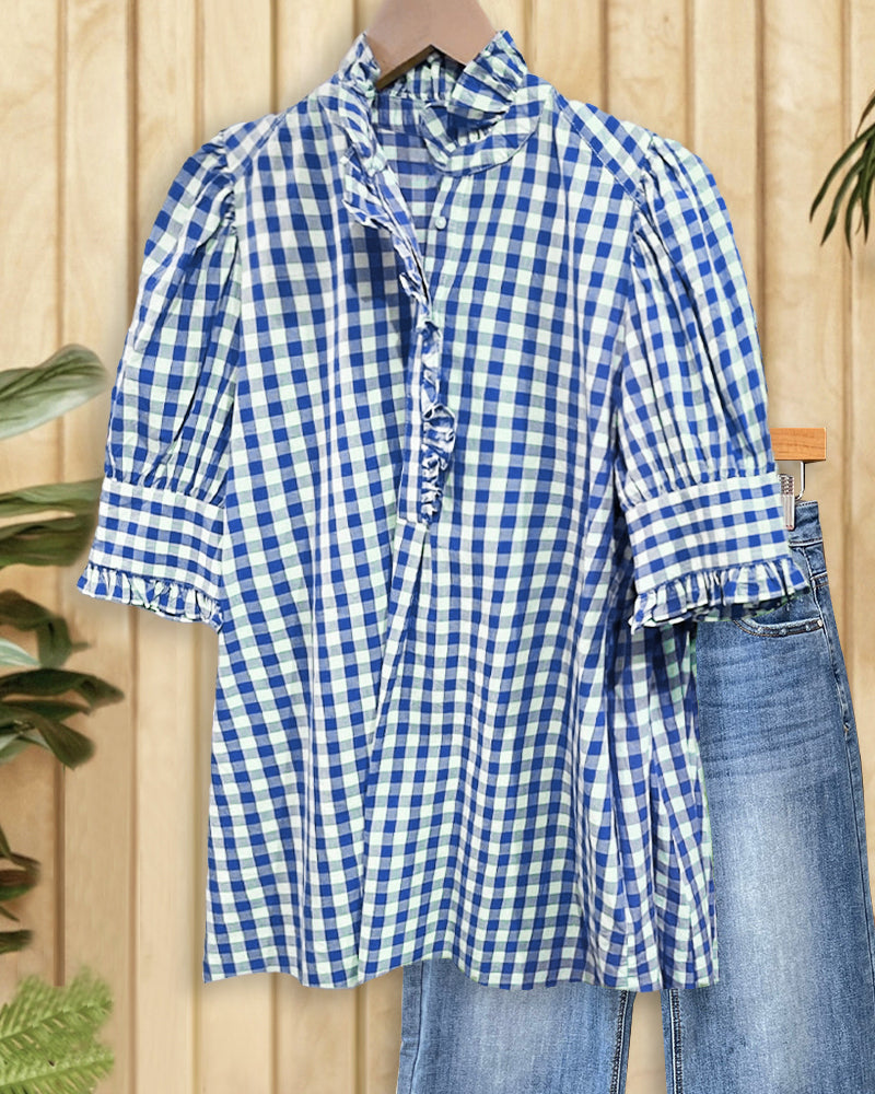 Grid Smart Ruffles Trim Puff Sleeve Blouse