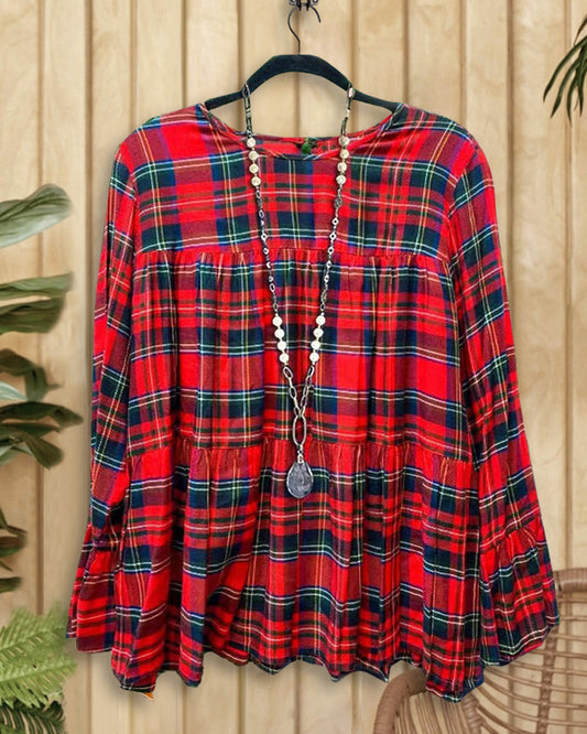 Plaid Round Neck Relaxed Tiered Blouse