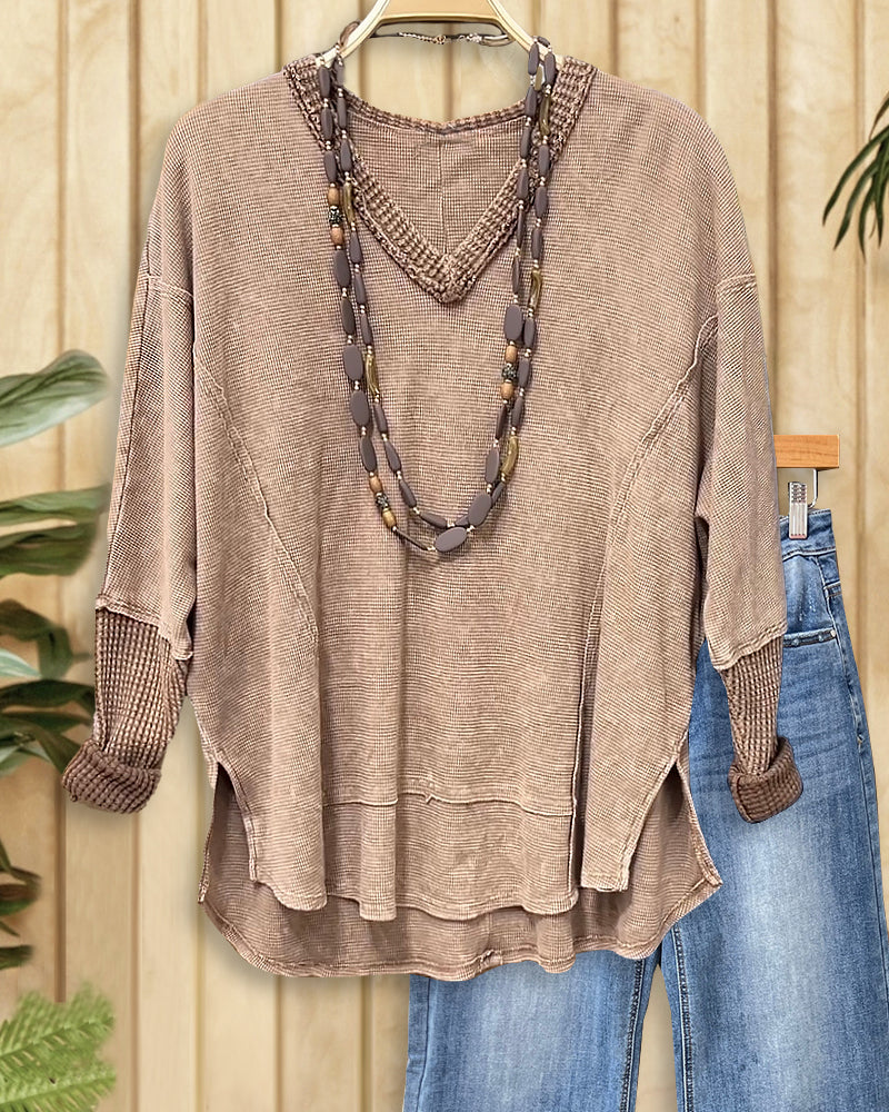 Patchwork V Neck Sporty Side Slit High Low Blouse