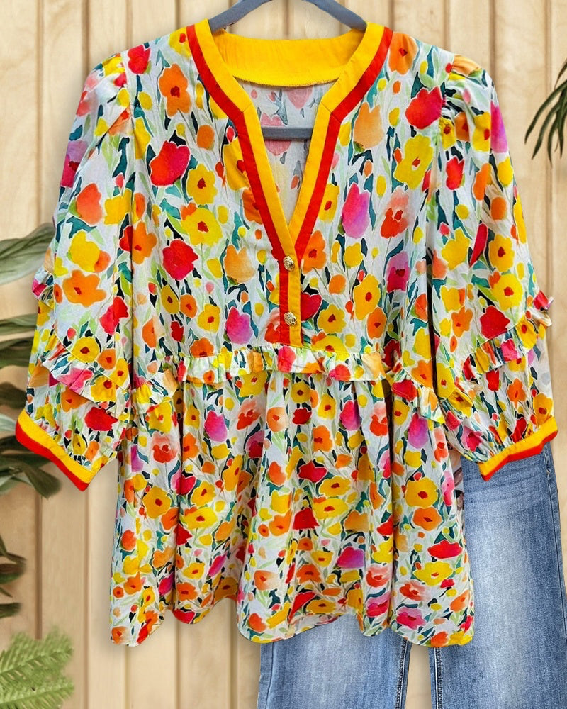 Floral Print Ruffles Trim Stunning V Neck T-Shirt