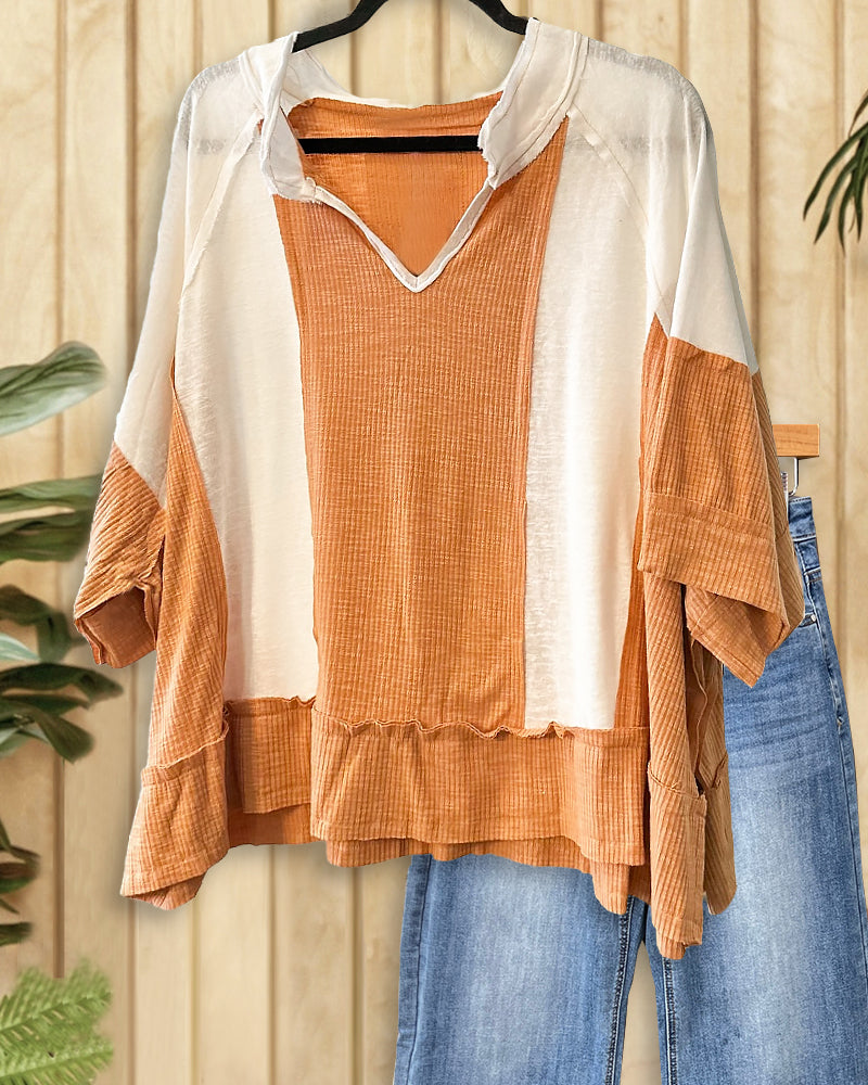 Color Block Patchwork Oversized V Neck Blouse