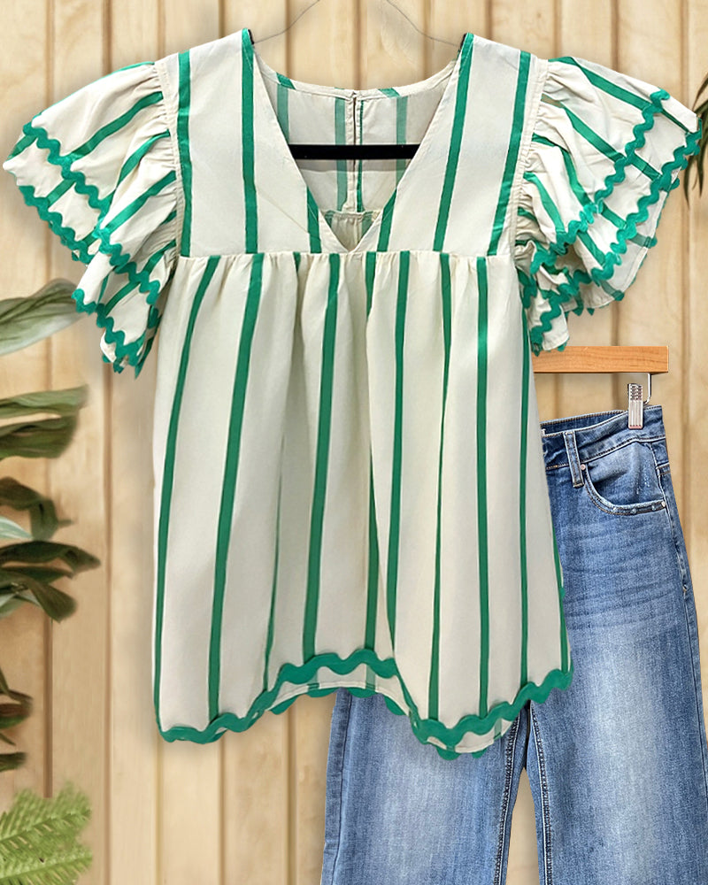 Vertical Striped Cute Ruffles Babydoll Blouse