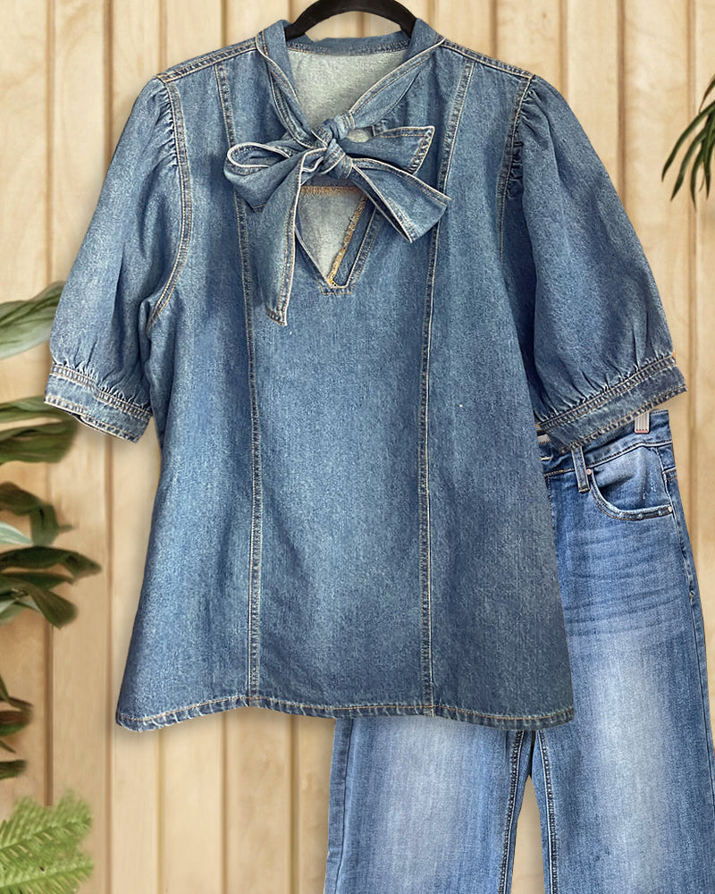 Solid Color Denim Girly Pussy Bow T-Shirt