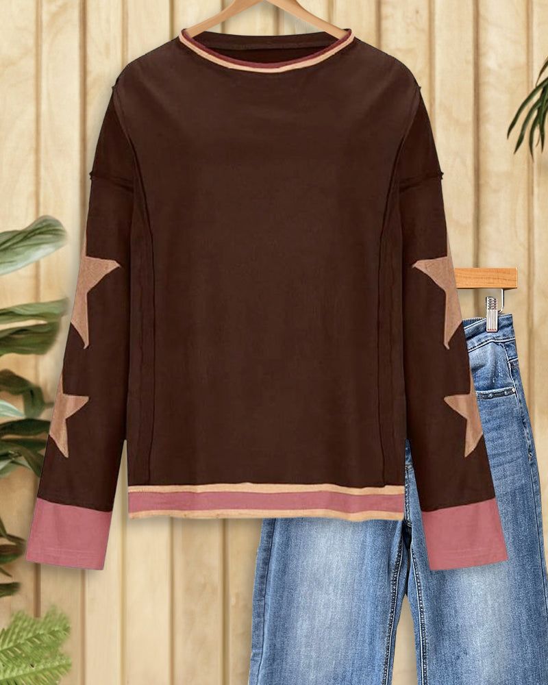 Patchwork Star Applique On-trend Drop Shoulder Sweatshirt