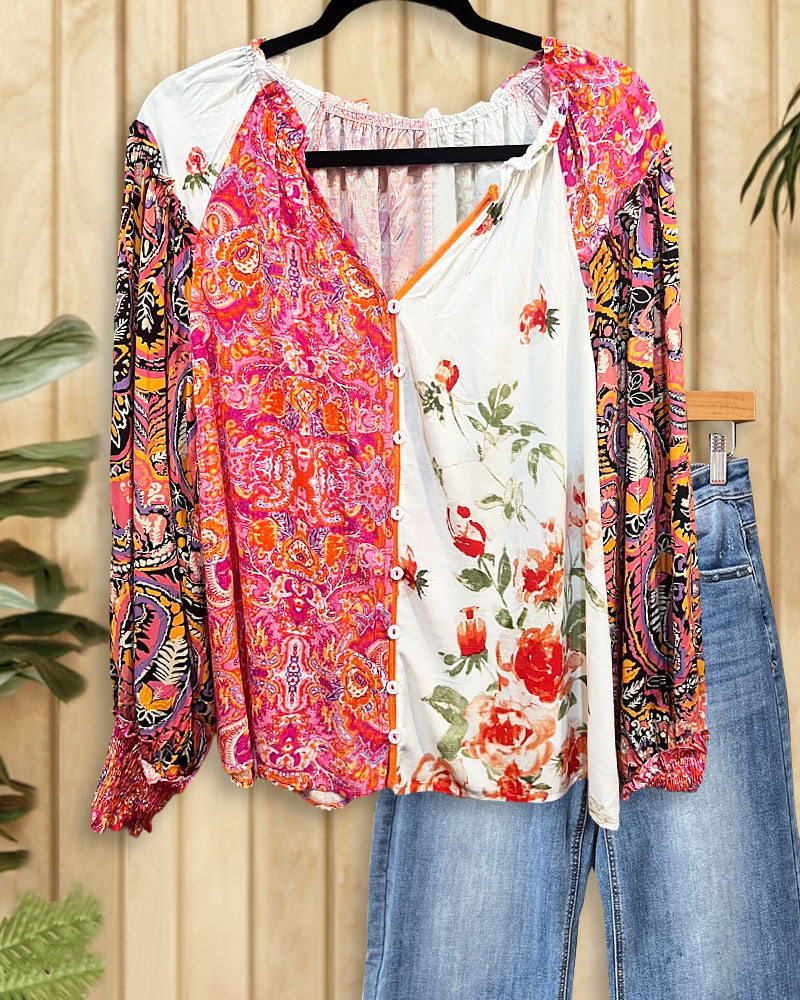Paisley & Floral Print Mixed Patchwork Boho Button Blouse