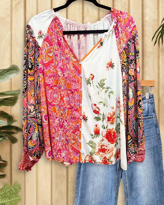 Paisley & Floral Print Mixed Patchwork Boho Button Blouse