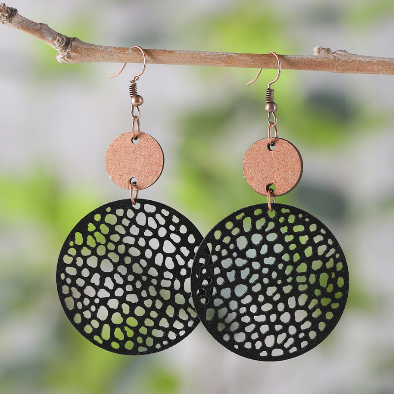 Round Wooden Cutout Pendant On-trend Earrings