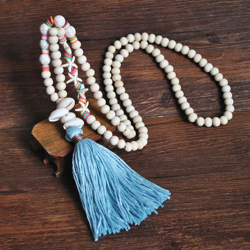 Peace Sign Pendant Ethnic Tassel Wooden Bead Necklace