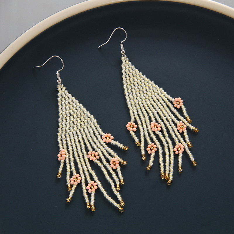 Color Block Beading Flower Decor Ethnic Irregular Tassel Earrings