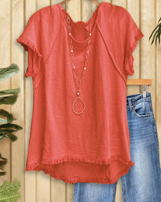 Plain Raglan Sleeve Simple Tassel Trim T-Shirt