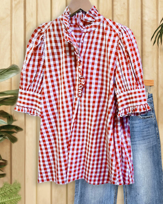 Grid Smart Ruffles Trim Puff Sleeve Blouse