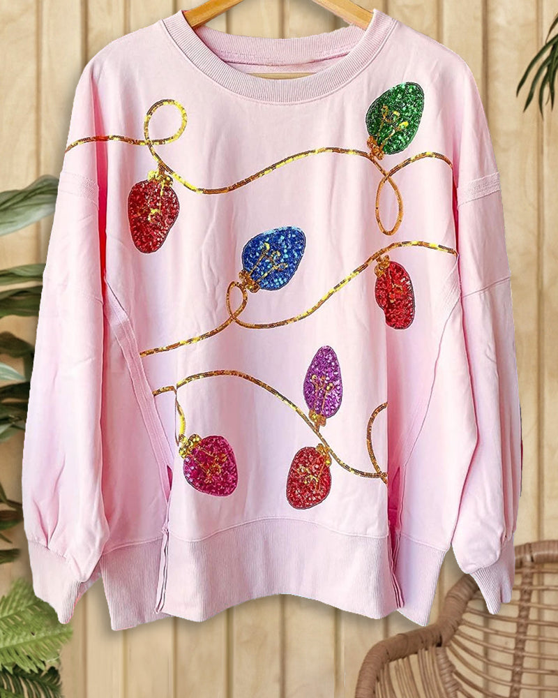 Christmas Light Bulb Sequined Cute Side Split Sweatshirt