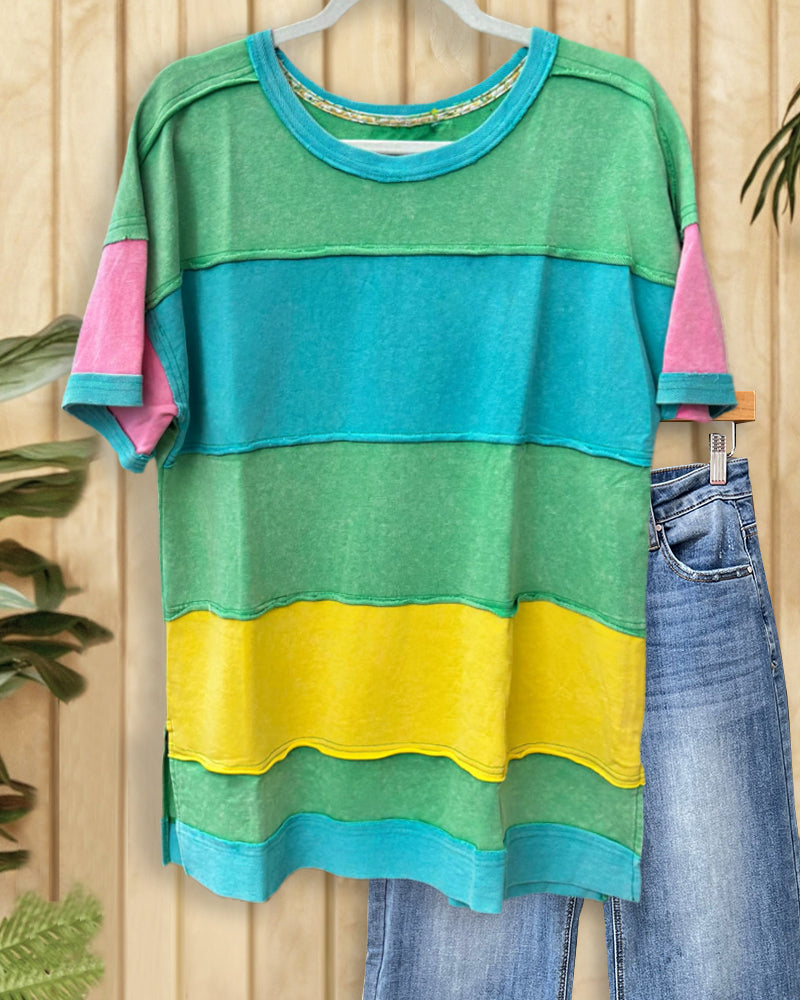 Color Block Bright Seamed Detail Drop-Shoulder Shirt