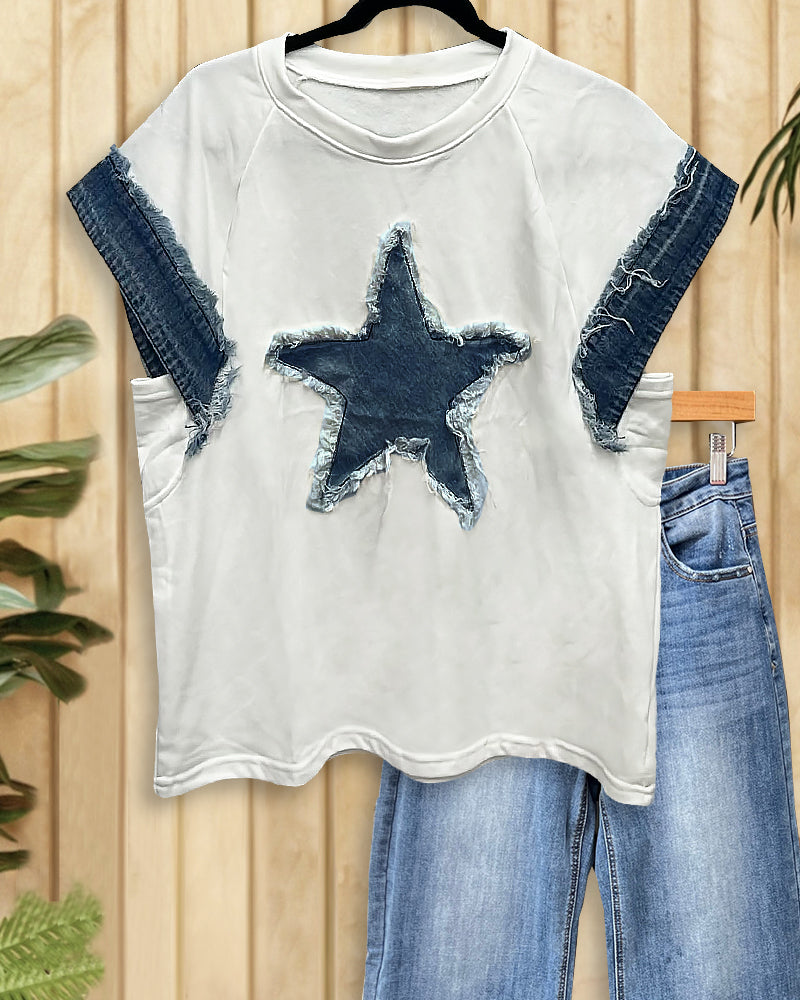 Hit Color Patchwork Denim Smart Star Applique T-Shirt