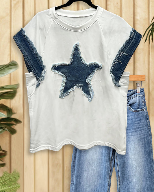 Hit Color Patchwork Denim Smart Star Applique T-Shirt